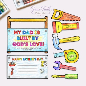 Artisanat chrétien à imprimer pour la fête des pères, mon père a été construit par l'amour de Dieu, activité de carte boîte à outils, coloriage de la Bible cadeau des enfants