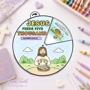 Feeding of 5000 Spinning Wheel, Bible Story Activity Craft, VBS Kids Game, Sunday School Printable, Jesus Miracle Worksheet