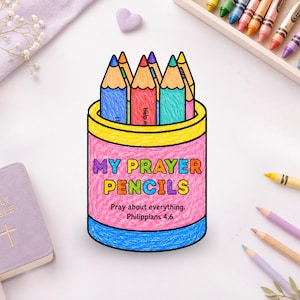Lápices de oración para niños cristianos imprimibles, Manualidad para la escuela dominical Filipenses 4:6, Actividad bíblica para completar, Hoja de trabajo para colorear para niños de la iglesia