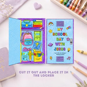 Op de afbeelding: Een kleurplaat met een open kluisje met schoolspullen en de tekst "MY SCHOOL DAY WITH JESUS" op de deur. De binnenkant bevat een rugzak, boeken, een waterfles en kleurpotloden, met de instructie "CUT IT OUT AND PLACE IT IN THE LOCKER" onder de afbeelding.