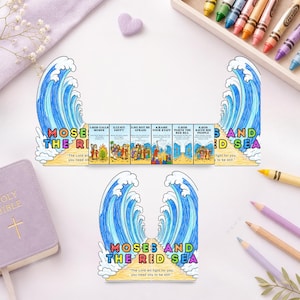 May include: A paper craft depicting the parting of the Red Sea with blue waves and sandy ground. It features six panels titled 1. God Calls Moses, 2. Leave Egypt, 3. Do Not Be Afraid, 4. Raise Your Staff, 5. God Parts The Red Sea, 6. God Saves His People.