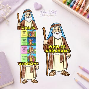 Può includere: Un lavoretto stampabile con un'illustrazione a cartoni animati di Abramo con barba bianca, tunica marrone, copricapo blu e bastone di legno. Il design include il testo "WHO IS ABRAHAM? The Father of Faith" e quattro pannelli che descrivono la sua storia.