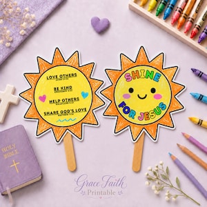 VBS Sun Craft afdrukbare activiteit, Shine for Jesus kleurplaat, blad christelijke bijbeltekst voor kinderen, zondagsschoolzomerplezier