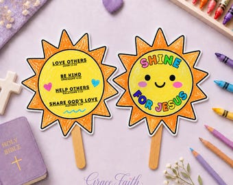 VBS Sun Craft Printable Activity, Shine for Jesus Coloring Page, Christian Kids Bible Verse Sheet, Sunday School Summer Fun