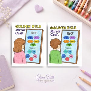 Puede incluir: Dos hojas de actividades imprimibles tituladas Golden Rule Mirror Craft. Cada hoja muestra a un niño mirando en un espejo con burbujas de colores que contienen texto como How I want others to treat me y How I treat others, con frases como Be kind to me, Help me, Smile at me, Forgive me, Listen to me, I show kindness, I help others, I encourage others, I forgive e I listen.