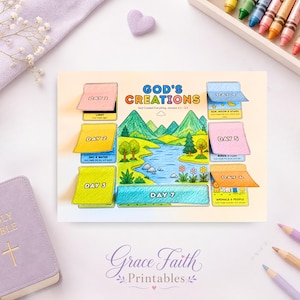 God Creations 7 Days Lift The Flap Printable Bible Craft, Genesis Creation Story Cut Paste Activity, Sunday School Coloring Worksheet