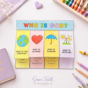 Who Is God Bible Lesson Printable, Kids Sunday School Flip Book Craft, Christian Homeschool Coloring Worksheet, Faith Based Church Activity