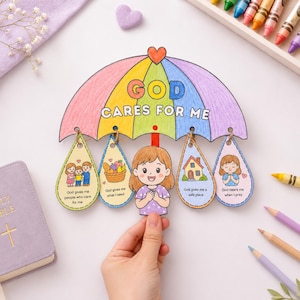 God Cares For Me Umbrella Craft, Sunday School Interactive Bible Coloring Activity, Matthew 6 Printable, Kids Church Digital Download
