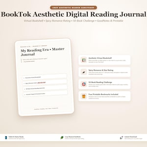 May include: A digital reading journal titled BookTok Aesthetic Digital Reading Journal with a virtual bookshelf, spicy romance rating, and 50-book challenge. The interface includes sections for a master journal, interactive bookshelf, and printable bookmarks.