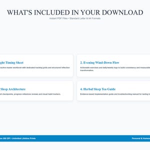 May include: A digital download information sheet titled WHAT'S INCLUDED IN YOUR DOWNLOAD. It lists four items: 1. SCN Light Timing Sheet, 2. Evening Wind-Down Flow, 3. 30-Day Sleep Architecture, and 4. Herbal Sleep Tea Guide with brief descriptions.