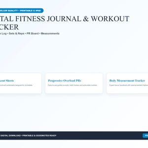 Può includere: Un diario di fitness digitale e un tracker di allenamento con testo che recita Gym Exercise Log, Sets & Reps, PR Board, Measurements, Gym Workout Sheets, Progressive Overload PRs e Body Measurement Tracker. Il layout include un piè di pagina scuro.