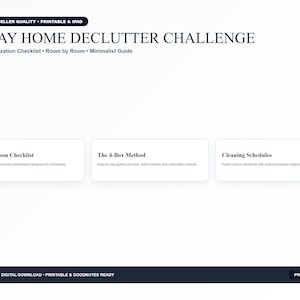 Può includere: Una guida digitale 30 Day Home Declutter Challenge con una lista di controllo per l'organizzazione stanza per stanza. Il layout include sezioni per 30-Day Room Checklist, The 4-Box Method e Cleaning Schedules, con testo stampabile.
