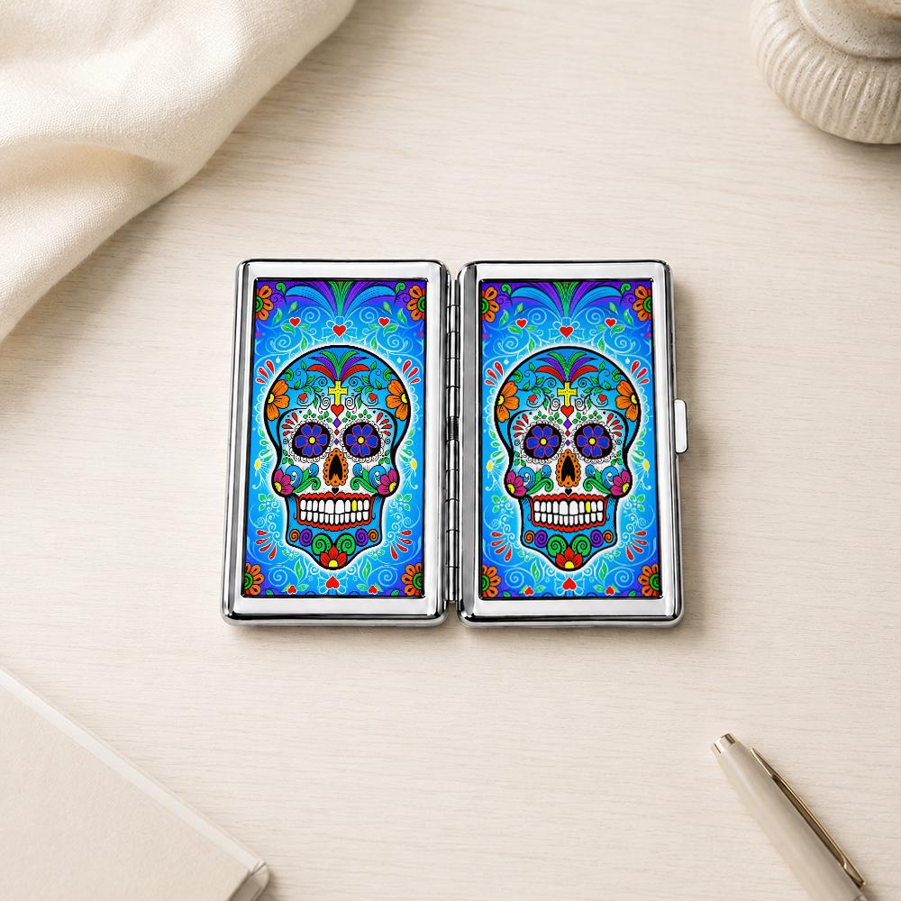 sugar skull cigarette case with lighter Retro Cigarette Case,day of the Dead Calavera,metal Wallet,father's Day