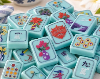 Set di tessere Mahjong in acrilico turchese, tessere Mahjong floreali incise, serata di giochi americani, 160 tessere