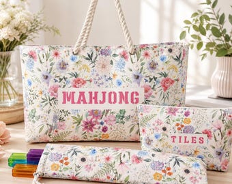 Set da viaggio per Mahjong con motivo floreale, composto da borsa, custodia per tessere e fodero per rack.
