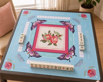 American Mahjong Mat, Floral Butterfly Design, Built-in Charleston Guide, Non-Slip Play Mat
