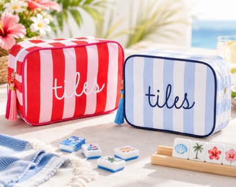 Mahjong Tile Storage Bag, Striped Tiles Pouch with Tassel Zipper, Game Night Bag