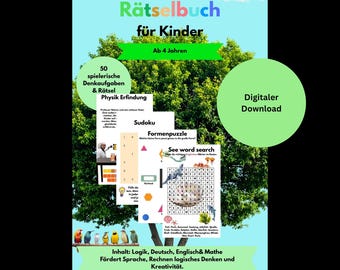 Groot puzzelboek, voor kinderen vanaf 4 jaar, 102 pagina's, 50 speelse hersenkrakers, puzzels, logica, Duits, Engels, wiskunde, inclusief oplossingen, cadeau