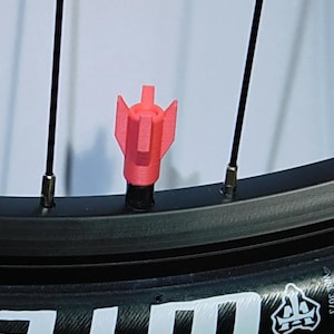 Könnte beinhalten: Eine rote, raketenförmige Ventilkappe ist an einem schwarzen Fahrradreifen mit weißer Schrift befestigt. Die Speichen des Rades sind sichtbar. Der Reifen ist aus Gummi.
