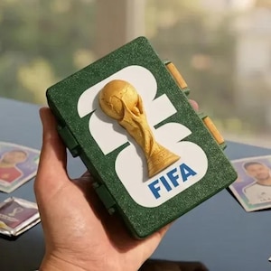 May include: A rectangular green glittery storage case featuring a raised gold-colored FIFA World Cup trophy emblem centered on a white background with the blue text FIFA printed below the trophy, surrounded by several small square sports trading cards.