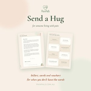 Puede incluir: Dos hojas impresas con el logotipo de PainPals y el texto Send a Hug for someone living with pain. Una hoja contiene una carta titulada For a dear friend, mientras que la otra muestra ocho tarjetas pequeñas tituladas Little cards, big comfort.