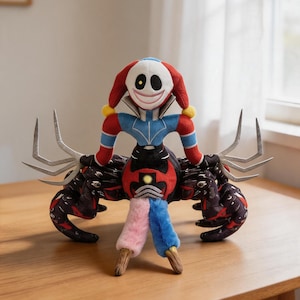 May include: A plush toy in the shape of a clown-like figure with a red and white face, red hat, and blue and red outfit. The toy has a black body with red and black patterned arms and legs, and silver-colored appendages extending from the sides.
