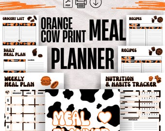 Bright Orange Digital Meal Planner with Cow Print, Weekly & Daily, Groceries, Recipes, Nutrition