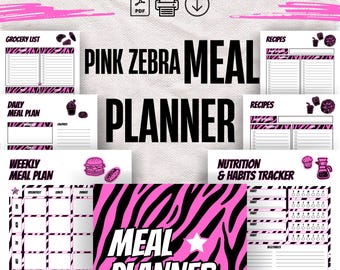 May include: A digital meal planner set featuring a pink and black zebra print theme. The pages include a grocery list, daily and weekly meal plans, recipe cards, and a nutrition and habits tracker. The text reads Pink Zebra Meal Planner.