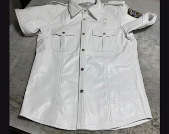 Camisa blanca de cuero genuino para hombre, estilo uniforme policial del NYPD, manga corta.