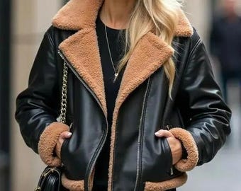 Chaqueta bomber estilo aviador de piel de cordero negra hecha a mano para mujer