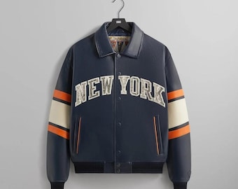 Chaqueta universitaria de cuero AVIREX x KITH New York, chaqueta deportiva bomber de la NBA