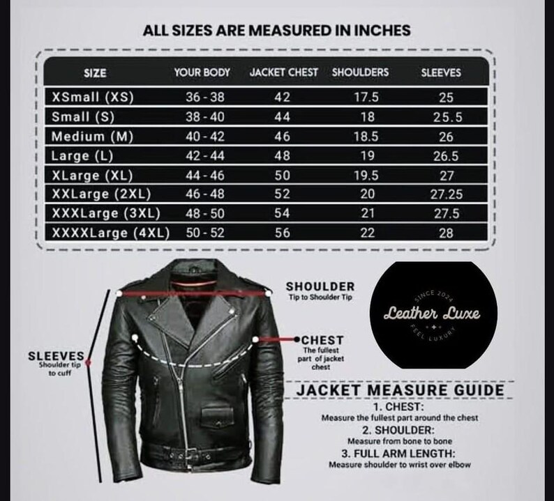 Puede incluir: Chaqueta de cuero negra con una gu&iacute;a de medidas en pulgadas. La gu&iacute;a muestra las medidas de pecho, hombros y mangas para las tallas XS a 4XL. La chaqueta tiene cierre de cremallera y un estilo motero cl&aacute;sico.