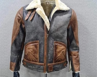 Chaqueta bomber de piel de oveja estilo aviador B3 para hombre, color marrón grisáceo desgastado.