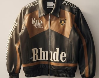 Nueva chaqueta bomber de cuero Rhude Lamborghini negra/marrón. Disponible en todas las tallas.