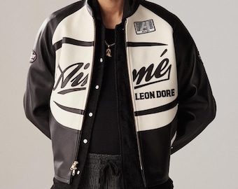 Chaqueta de cuero negra y blanca para hombre, estilo motociclista urbano, Aimé Leon Dore