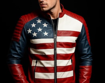 Chaqueta de cuero para hombre con la bandera de EE. UU. / Abrigo de motociclista patriótico americano / Chaqueta roja, blanca y azul