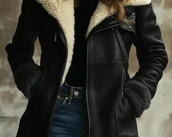 Abrigo de piel negra con forro de borrego para mujer – Chaqueta aviador de piel de cordero auténtica para mujer