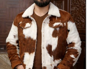 Mens Genuine Cowhide Leather Jacket Hair on Hide Trucker Western Brown White NEW