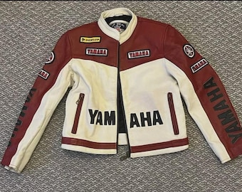 Chaqueta de cuero Top Gear Yamaha Racing para hombre, estilo vintage, para moto, Moto GP, roja y blanca.