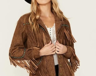 Chaqueta vaquera hecha a mano para mujer, estilo bohemio con flecos y tachuelas, color marrón. Abrigo de cuero.