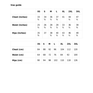 May include: Size guide chart for clothing in inches and centimeters. The chart shows sizes XS through 3XL with measurements for chest, waist, and hips.