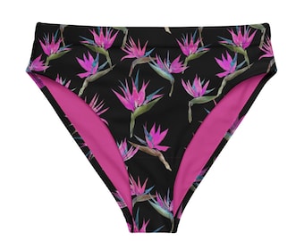 Painted Bird of Paradise Hot Pink Recycled high-waisted bikini bottom