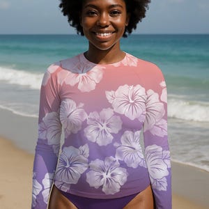 Lilo Tropical Hibiscus Pink Purple Ombre Women's Rash Guard for Surf ...