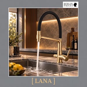 Può includere: Un rubinetto da cucina con finitura in metallo dorato e collo flessibile nero, che eroga un flusso costante d'acqua in un lavello. La base è dotata di una maniglia a leva singola. Il testo BERLIN FAUCET e LANA sono visibili.