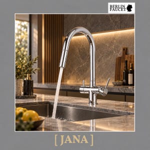 Può includere: Un rubinetto da cucina cromato con bocca alta estraibile e una leva laterale singola, che eroga un flusso costante d'acqua in un lavello. Il marchio BERLIN FAUCET è visibile nell'angolo e la parola JANA è riportata in basso.