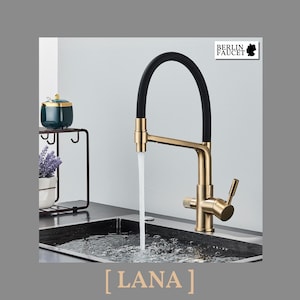 May include: A kitchen faucet with a brushed gold finish and a flexible black silicone neck. The faucet features a single lever handle and is dispensing a steady stream of water into a stainless steel sink. The text BERLIN FAUCET and LANA are visible.