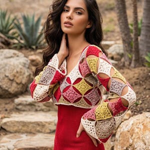 Handmade Linen Crochet Top, Colorful Patchwork Crop Top, Long Sleeve Boho Top, Festival Clothing, Women’s Summer Top