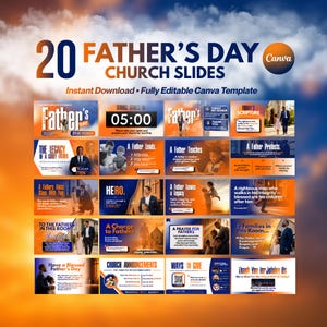 May include: A digital collection of 20 Father's Day church slides featuring a Canva template with orange and blue gradients. The slides include text such as Father's Day, The Legacy of a Godly Father, A Father Leads, A Father Teaches, and Church Announcements.