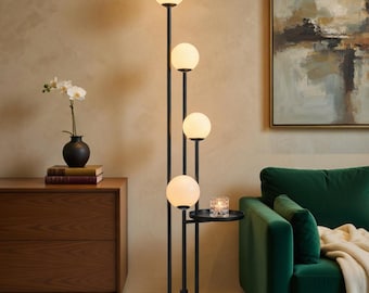 Black Globe Floor Lamp with Tray - Dimmable Standing Lamp for Living Room & Bedroom
