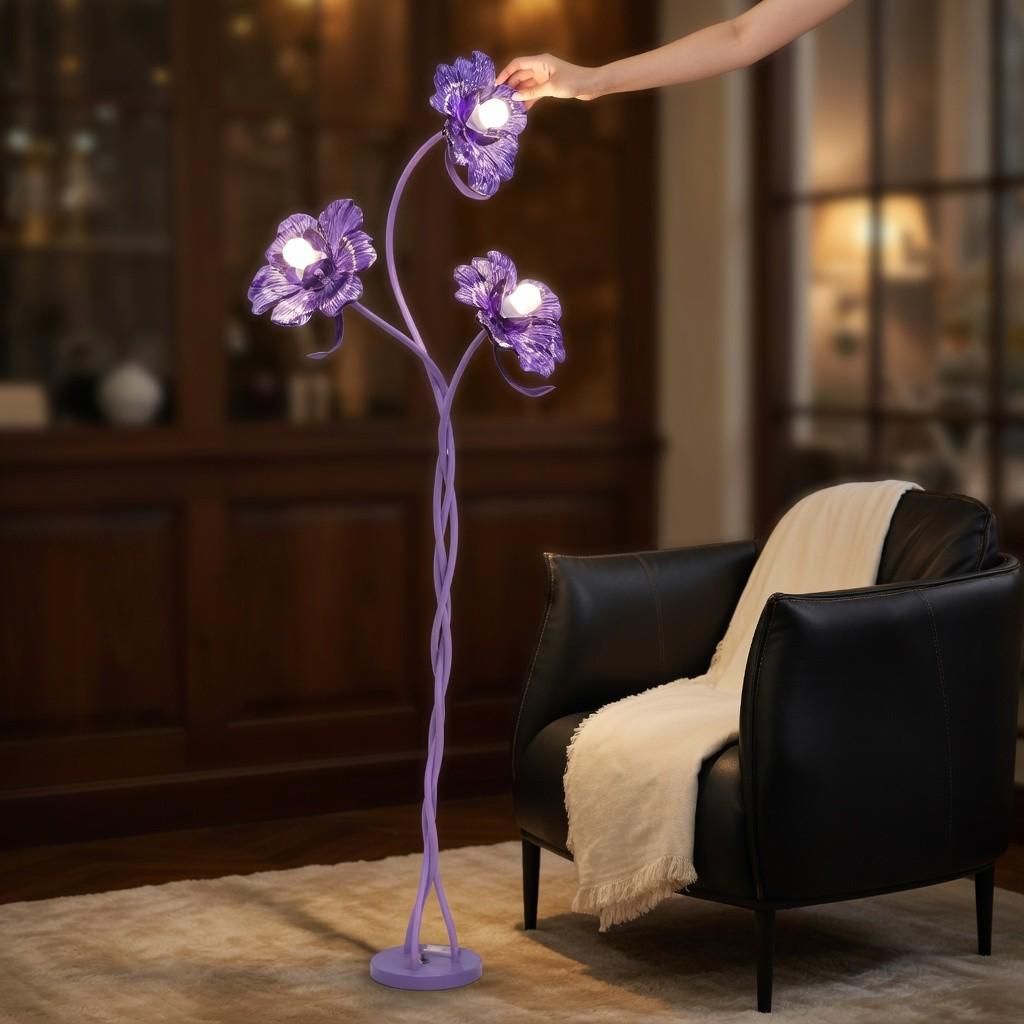 Purple Flower Floor Lamp - Cute 3 Head Reading Light with Flexible Gooseneck for Girls Bedroom